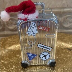 Silver Glitter Travel Suitcase 5” Ornament with Red Santa Hat